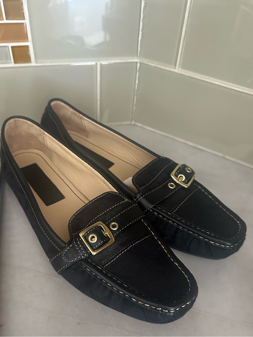 Coach Suzie Black Signature Canvas Loafers with Gold Buckle Size 10 M - Picture 3 of 9